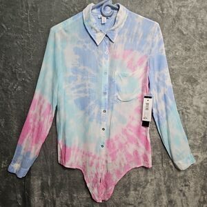 Tribal Jeans Women's P/S Long Sleeve Button Down Shirt tie dye blue pink blouse